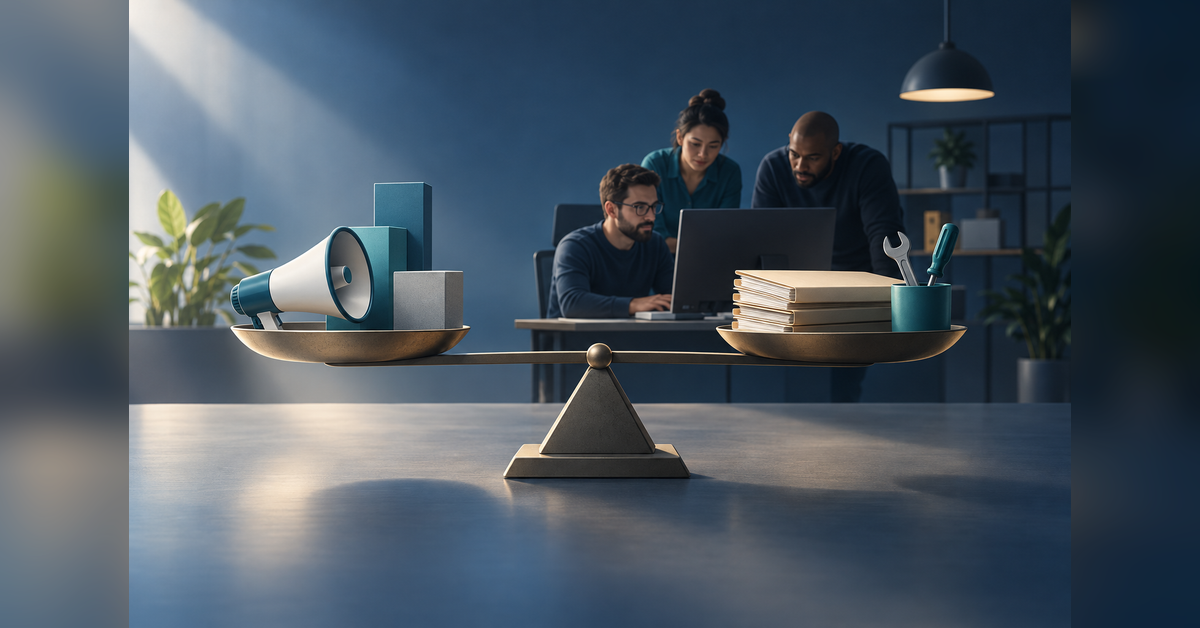 Illustration of a small managed IT team balancing marketing investment with service delivery capacity