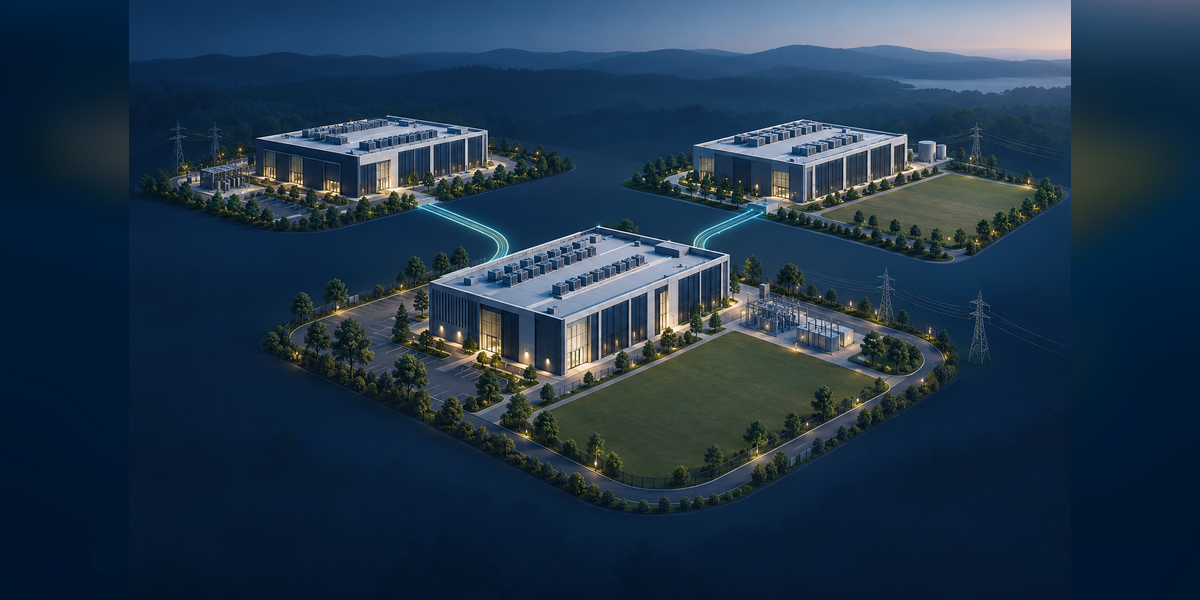 Conceptual data center market comparison showing facilities, power connections and fiber routes