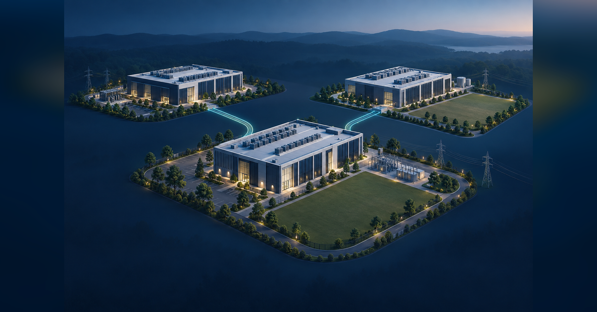 Conceptual data center market comparison showing facilities, power connections and fiber routes