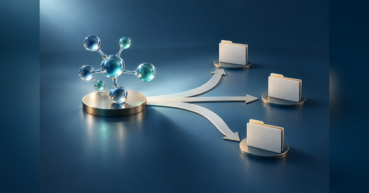 Molecular-inspired sculpture beside three branching paths and blank document folders