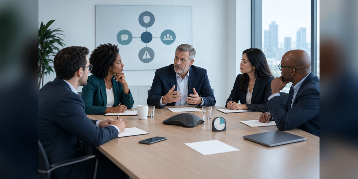 Business leaders rehearsing a crisis communications plan around a meeting table