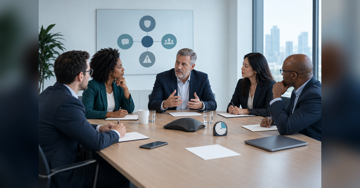 Business leaders rehearsing a crisis communications plan around a meeting table