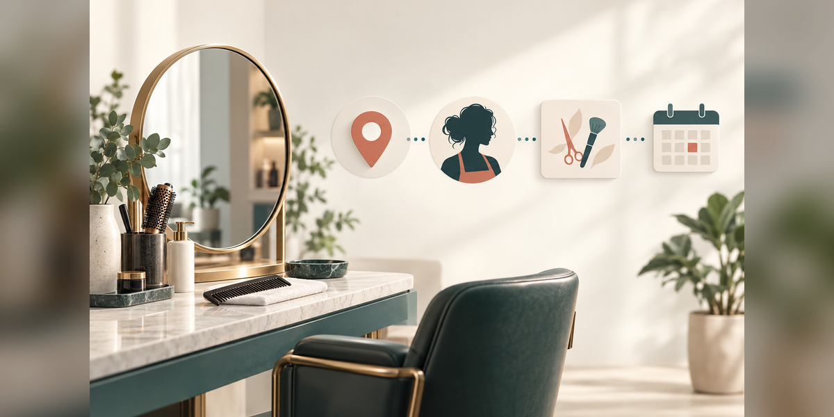 Conceptual illustration of SEO for beauty professionals connecting local discovery, practitioner identity and appointment booking.
