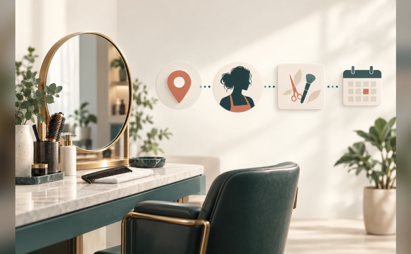 Conceptual illustration of SEO for beauty professionals connecting local discovery, practitioner identity and appointment booking.