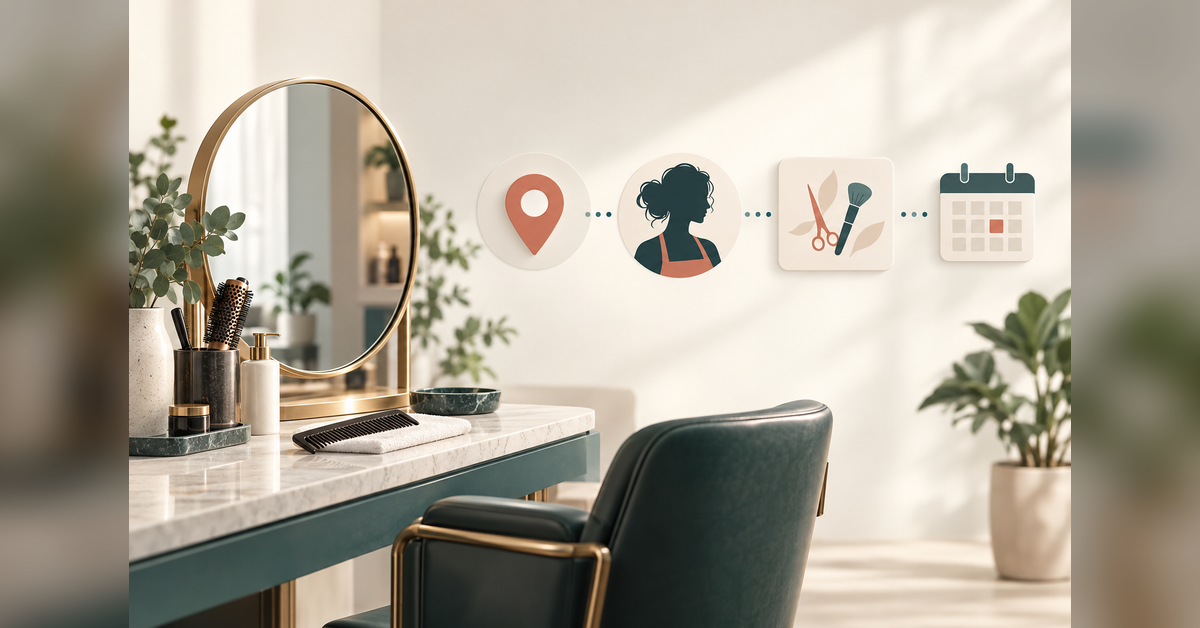 Conceptual illustration of SEO for beauty professionals connecting local discovery, practitioner identity and appointment booking.