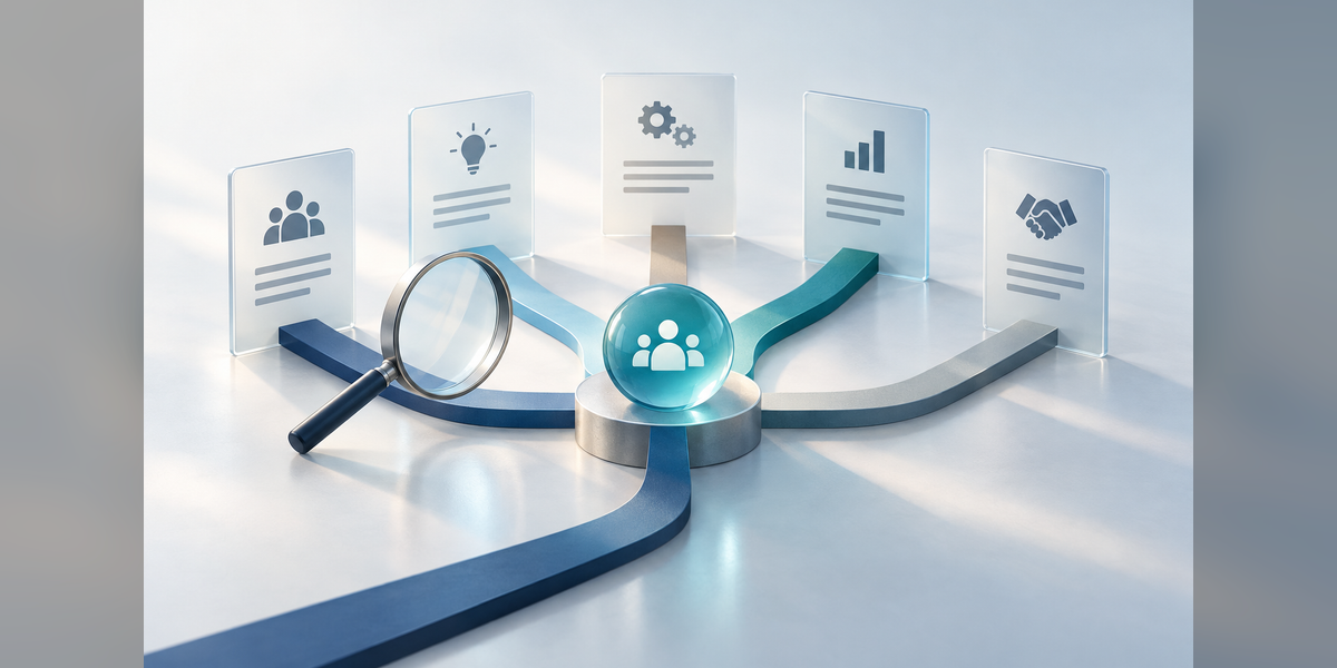 Conceptual illustration of evaluating GEO agencies for B2B SaaS through documents, evidence and connected pathways