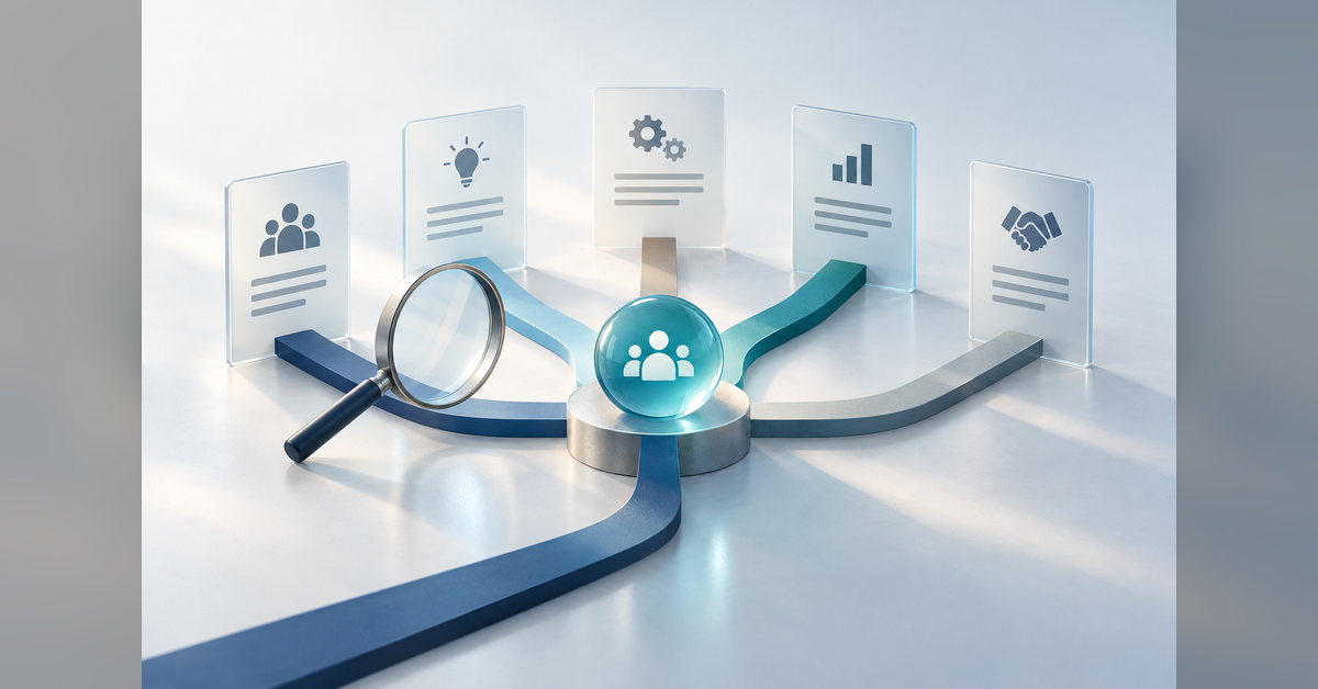 Conceptual illustration of evaluating GEO agencies for B2B SaaS through documents, evidence and connected pathways