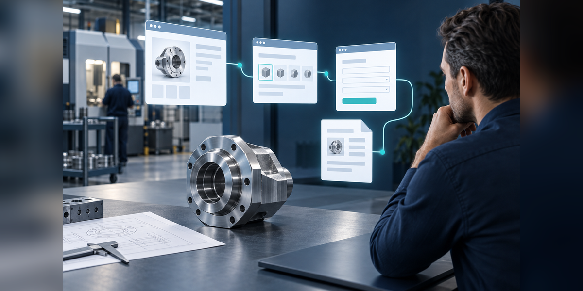 Machined component, technical document and abstract website pages illustrating a manufacturing SEO audit