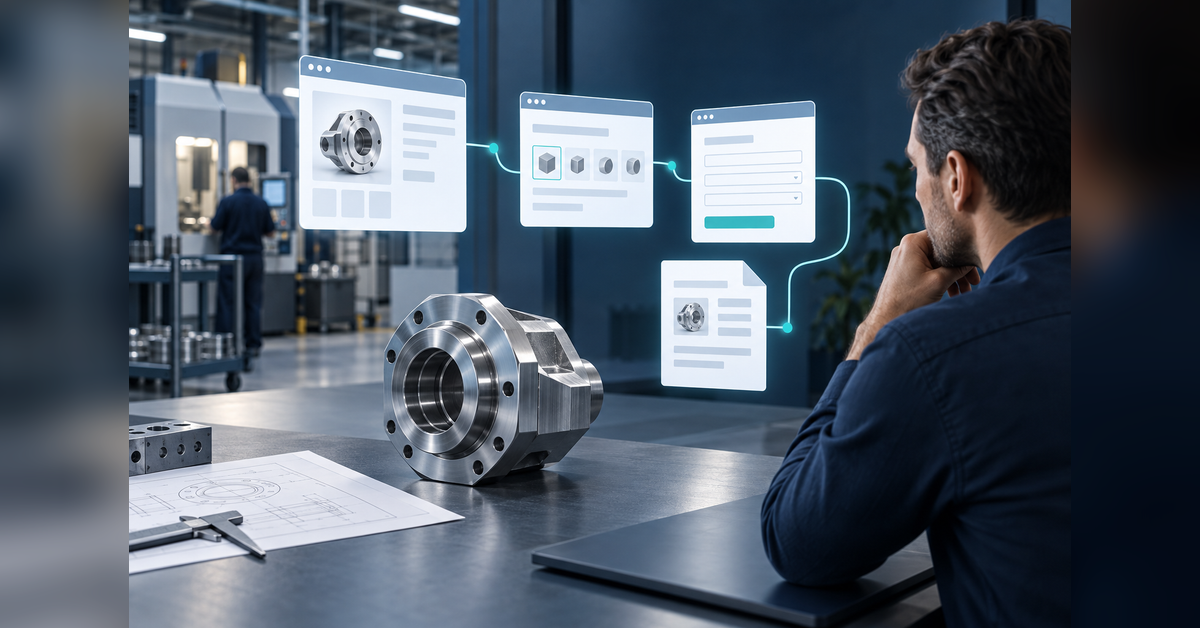 Machined component, technical document and abstract website pages illustrating a manufacturing SEO audit