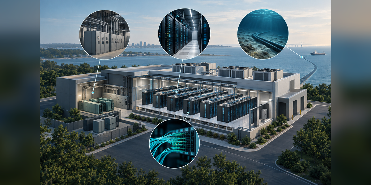 Conceptual Virginia data center illustration showing server racks, fiber connections, power infrastructure and a coastal cable motif