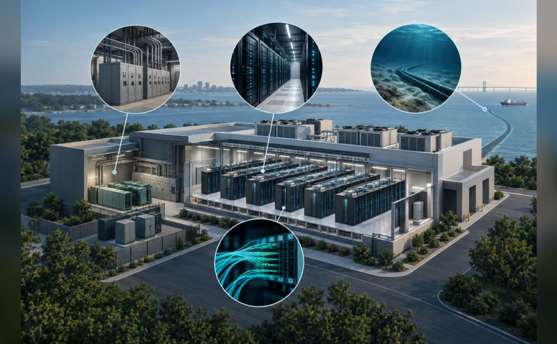 Conceptual Virginia data center illustration showing server racks, fiber connections, power infrastructure and a coastal cable motif