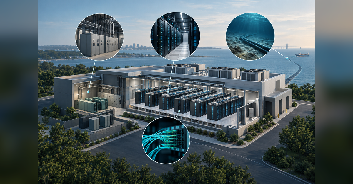 Conceptual Virginia data center illustration showing server racks, fiber connections, power infrastructure and a coastal cable motif