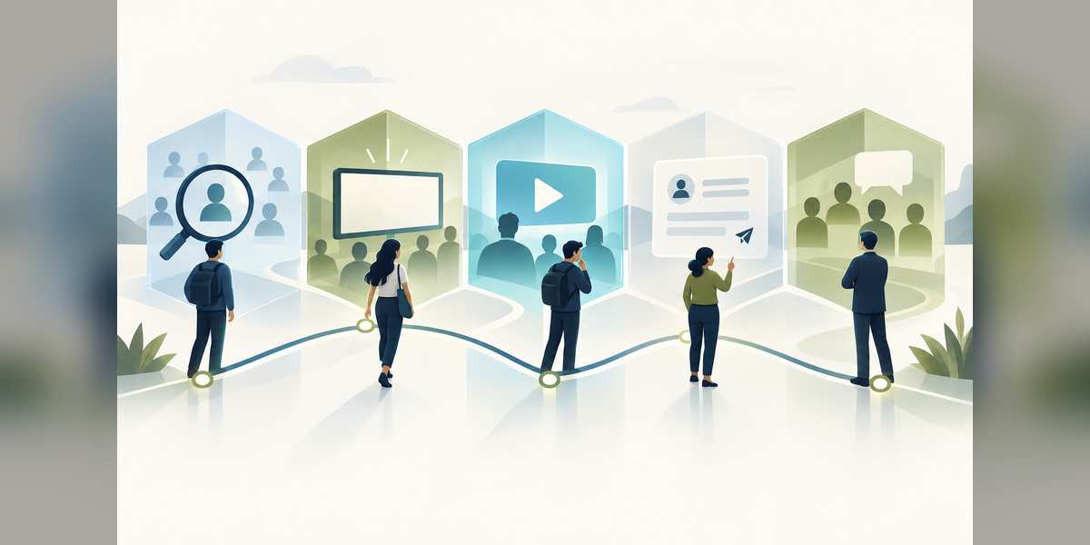 Conceptual recruitment journey connecting research, media, prospect inquiries and evaluation.
