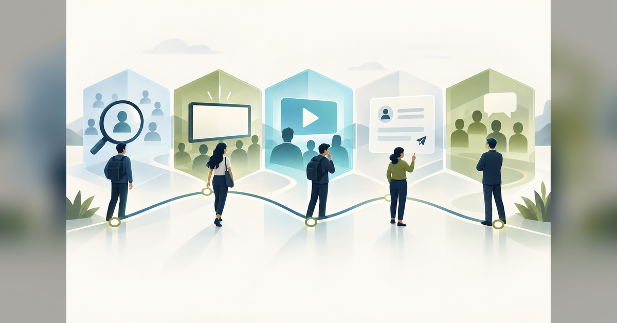 Conceptual recruitment journey connecting research, media, prospect inquiries and evaluation.