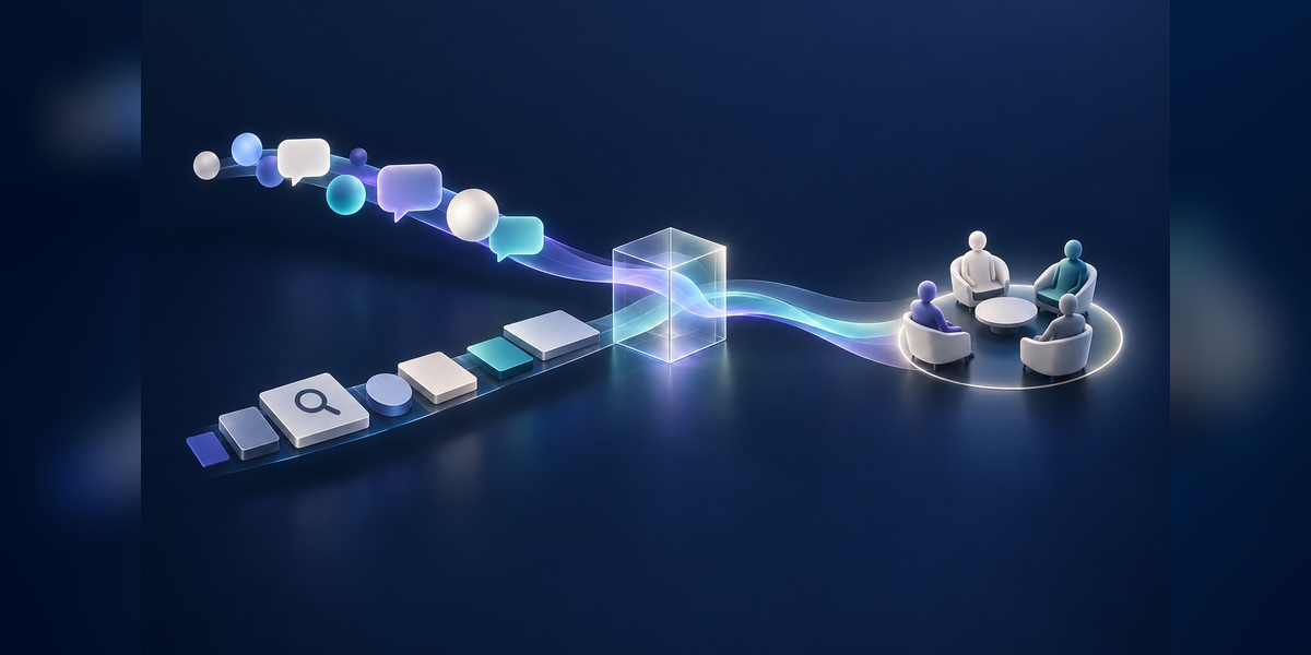 Conceptual AI-search and traditional search paths converging at a shared measurement checkpoint