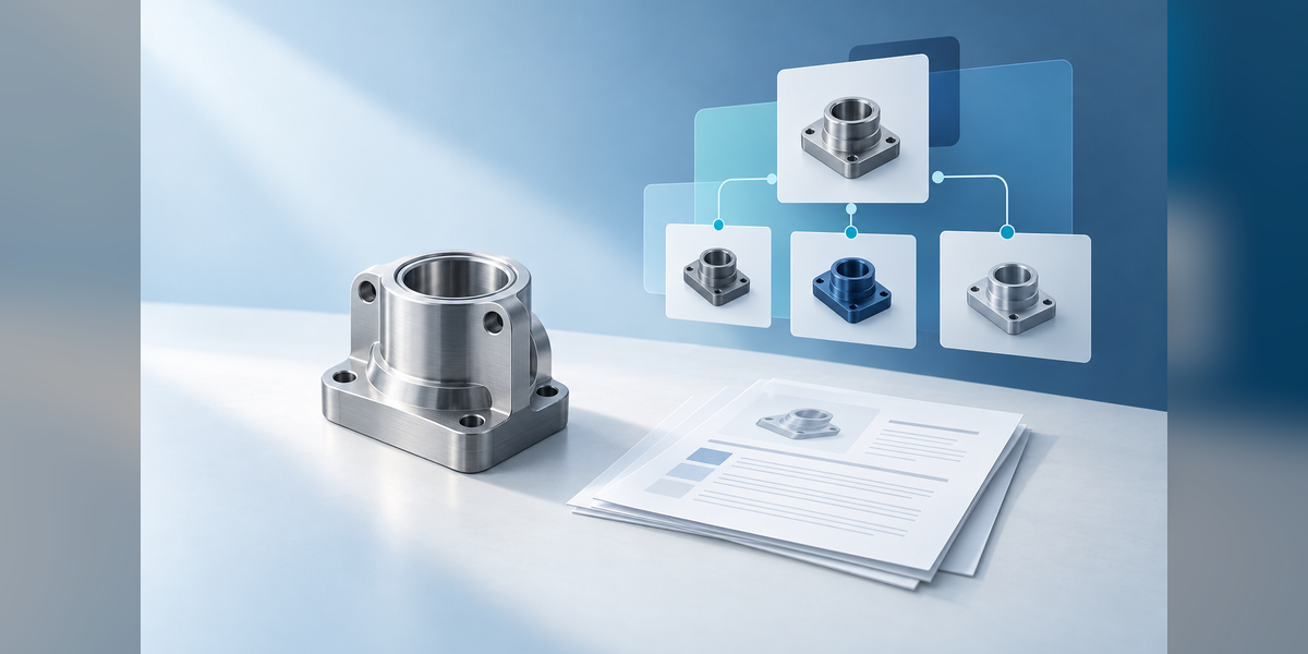 Conceptual industrial component beside specification sheets and connected product-family pages