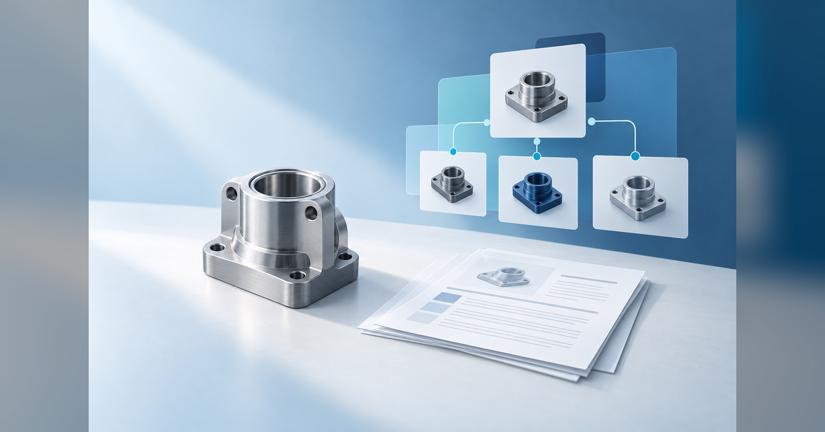 Conceptual industrial component beside specification sheets and connected product-family pages