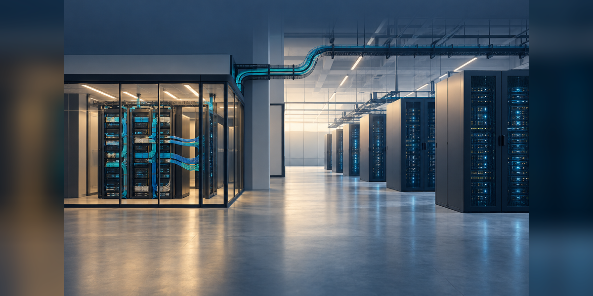 Conceptual Texas data center connectivity with server cabinets and fiber pathways