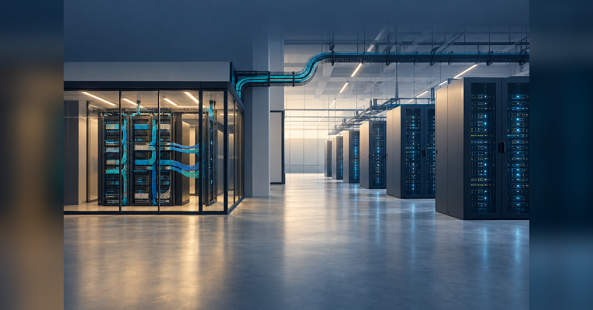 Conceptual Texas data center connectivity with server cabinets and fiber pathways