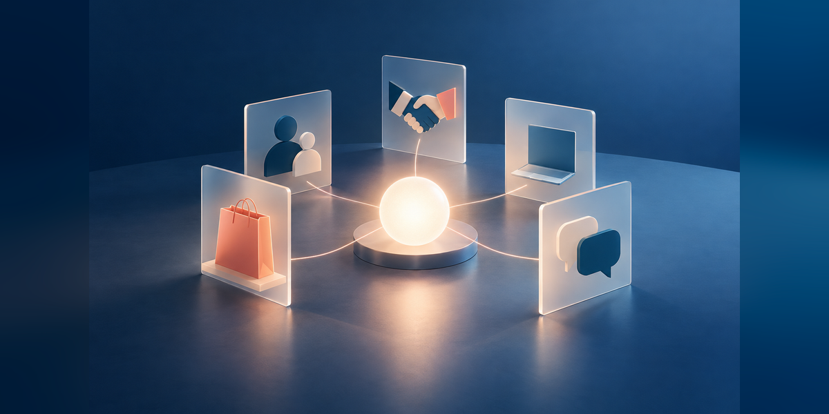 Conceptual business branding artwork showing connected panels around a shared focal point