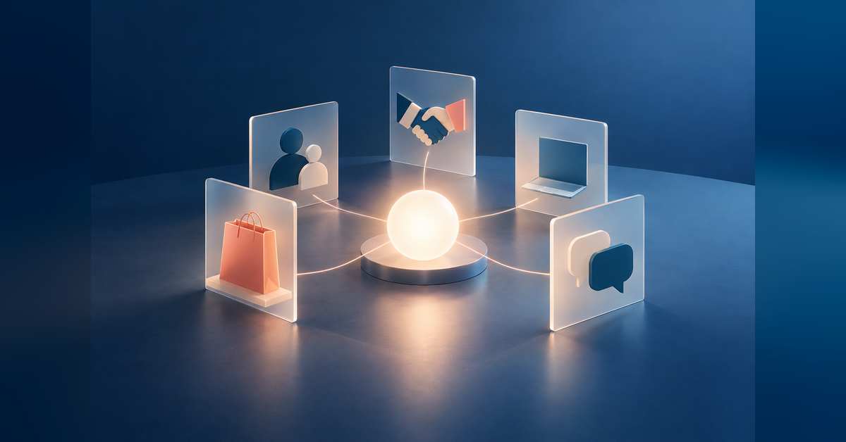 Conceptual business branding artwork showing connected panels around a shared focal point