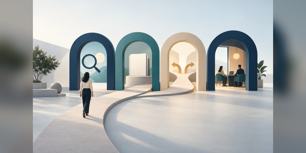 Four connected gates illustrating discovery, credibility, conversion and sales handoff in marketing challenges.