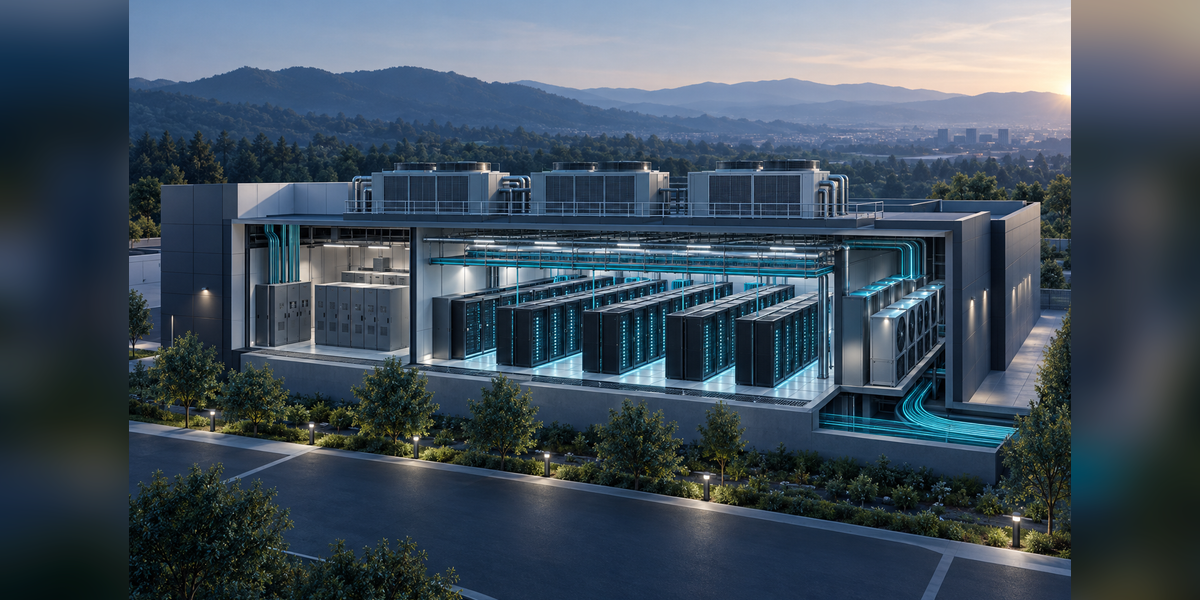 Conceptual data center cutaway showing server racks, power, cooling and fiber pathways
