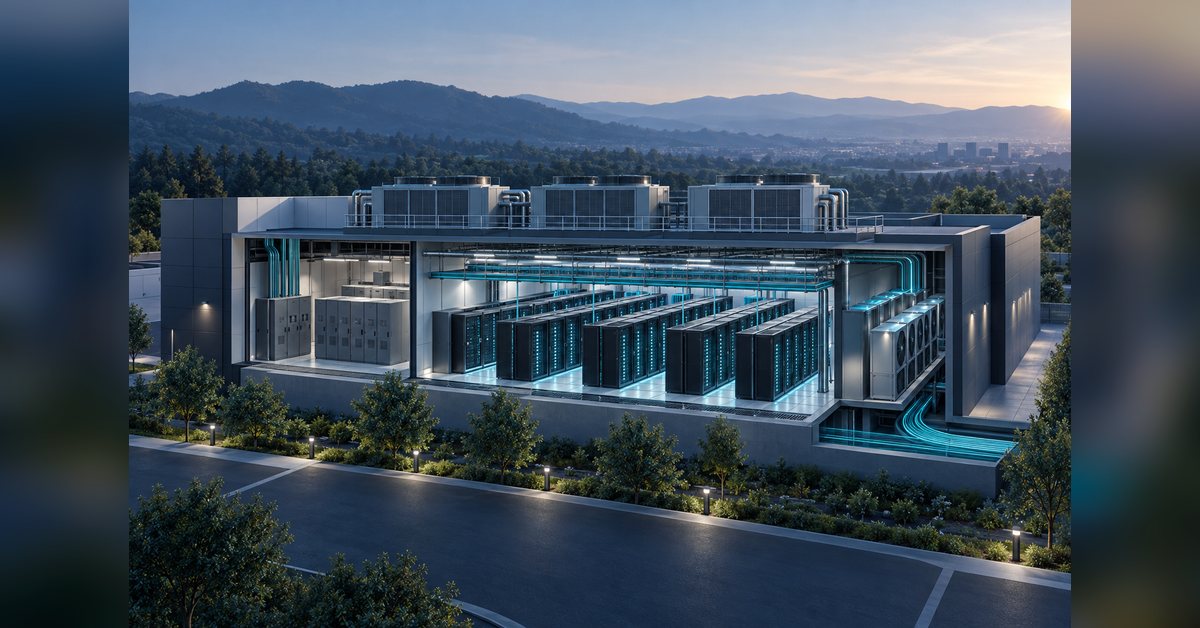 Conceptual data center cutaway showing server racks, power, cooling and fiber pathways