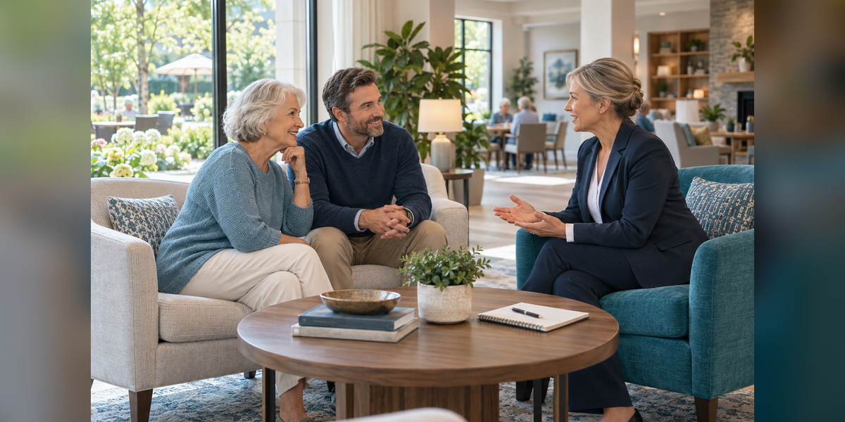 Older adult and adult child discussing a community visit with a senior living representative in a welcoming lounge