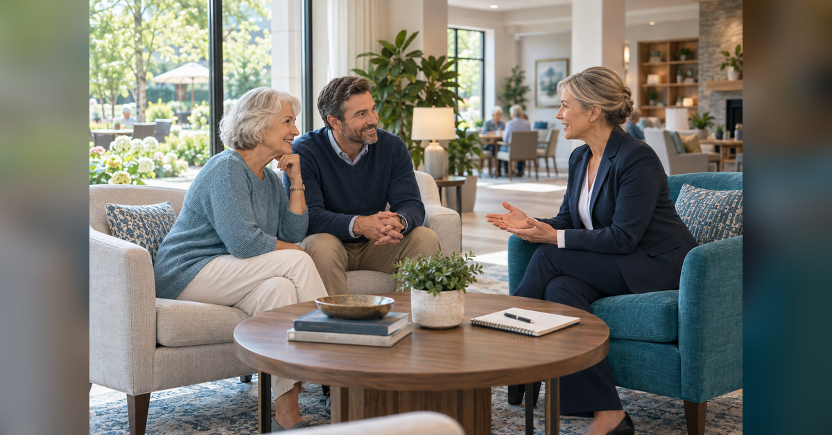 Older adult and adult child discussing a community visit with a senior living representative in a welcoming lounge