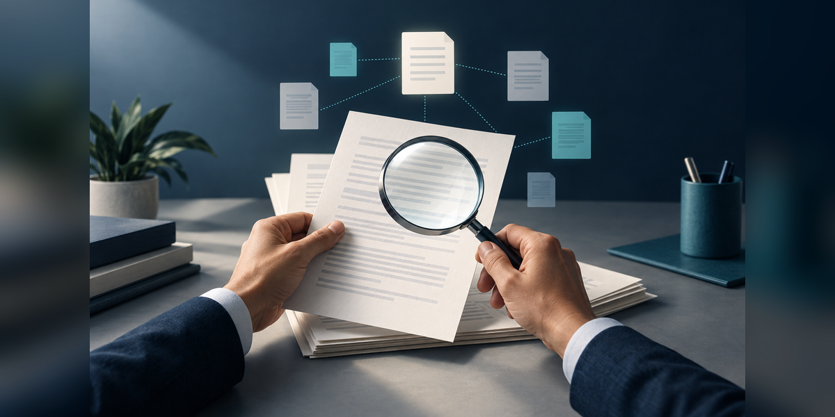 Editorial illustration of reviewing source documents behind negative AI search citations