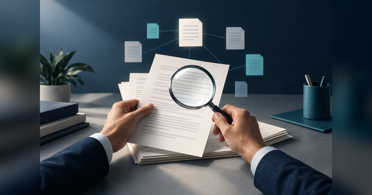 Editorial illustration of reviewing source documents behind negative AI search citations
