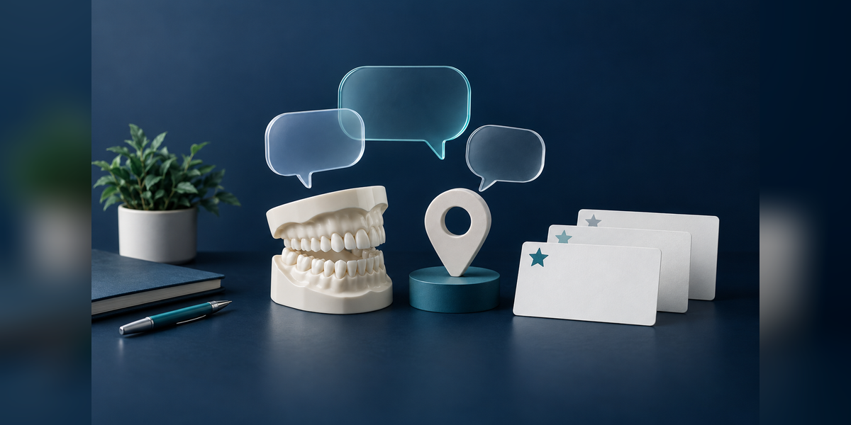 Dental teaching model beside blank speech shapes, a location marker and review cards