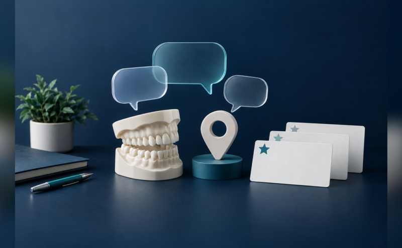 Dental teaching model beside blank speech shapes, a location marker and review cards