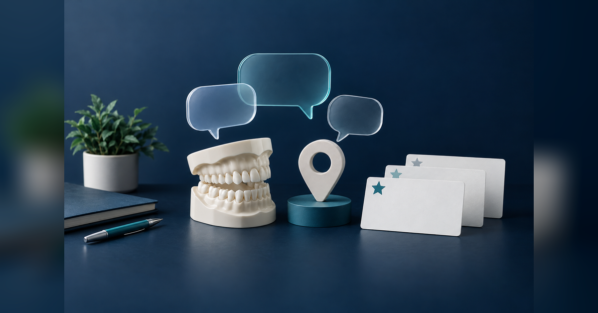 Dental teaching model beside blank speech shapes, a location marker and review cards