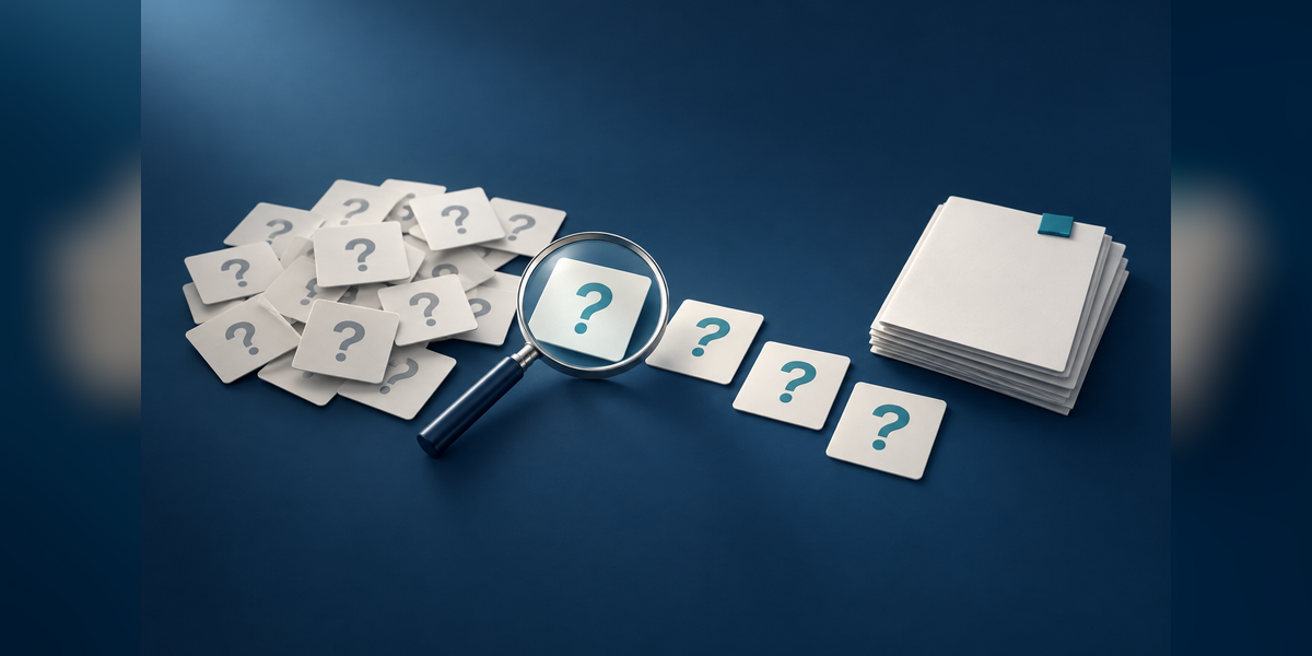 Conceptual arrangement of question cards, a magnifying glass, and supporting documents for AEO keyword research