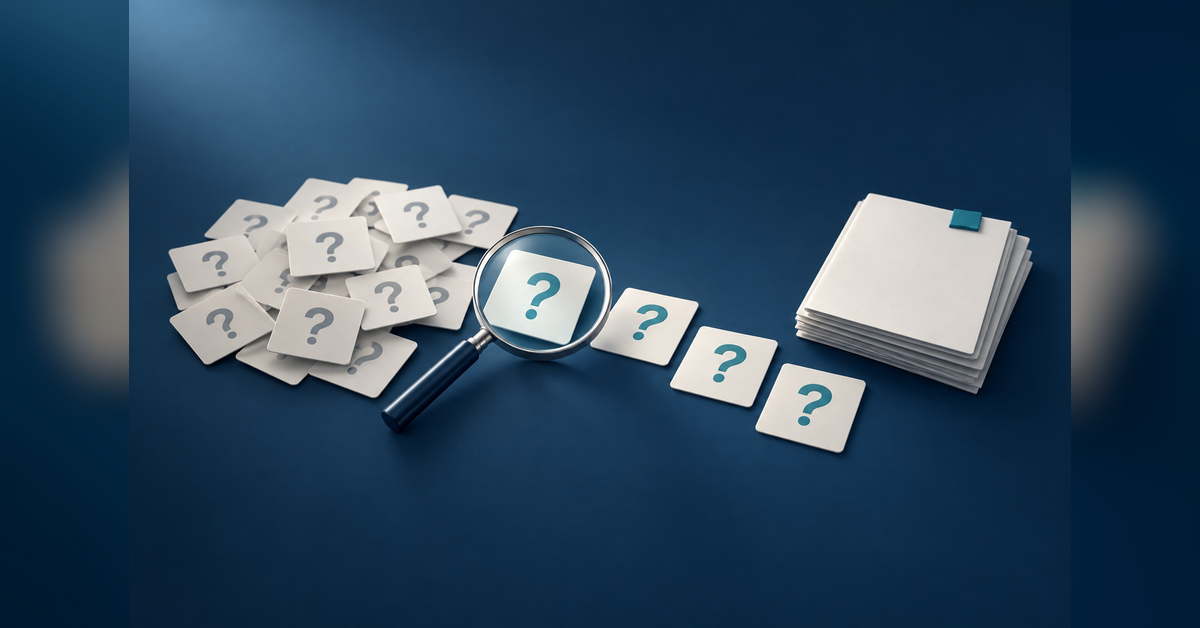 Conceptual arrangement of question cards, a magnifying glass, and supporting documents for AEO keyword research