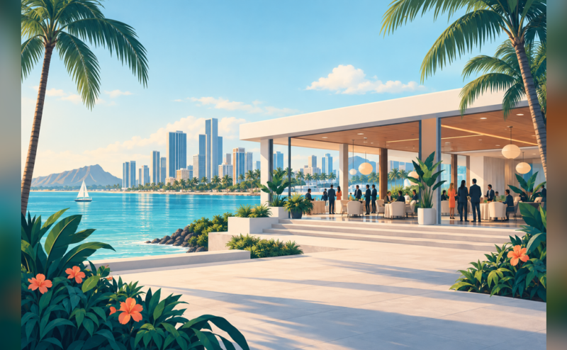 Conceptual coastal cityscape and meeting pavilion for PCMA Convening Leaders 2027 trip planning