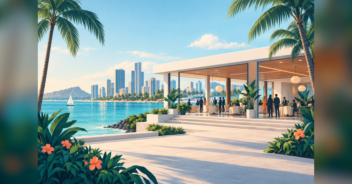 Conceptual coastal cityscape and meeting pavilion for PCMA Convening Leaders 2027 trip planning