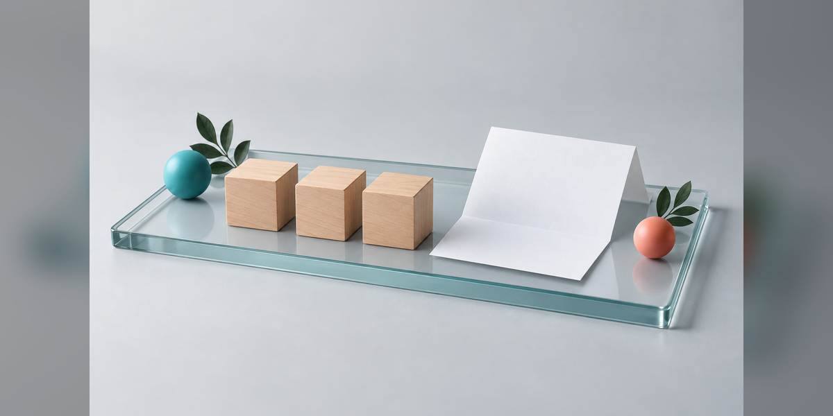 Conceptual blank source document beside unmarked wooden blocks on a glass tray