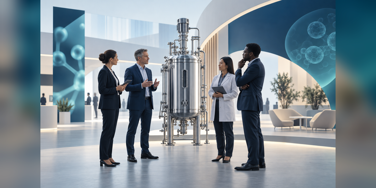Conceptual bioreactor and professional discussion for a BioProcess International Europe 2027 planning guide