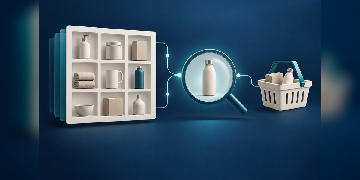 Enterprise ecommerce SEO concept connecting an organized product catalog with discovery and checkout