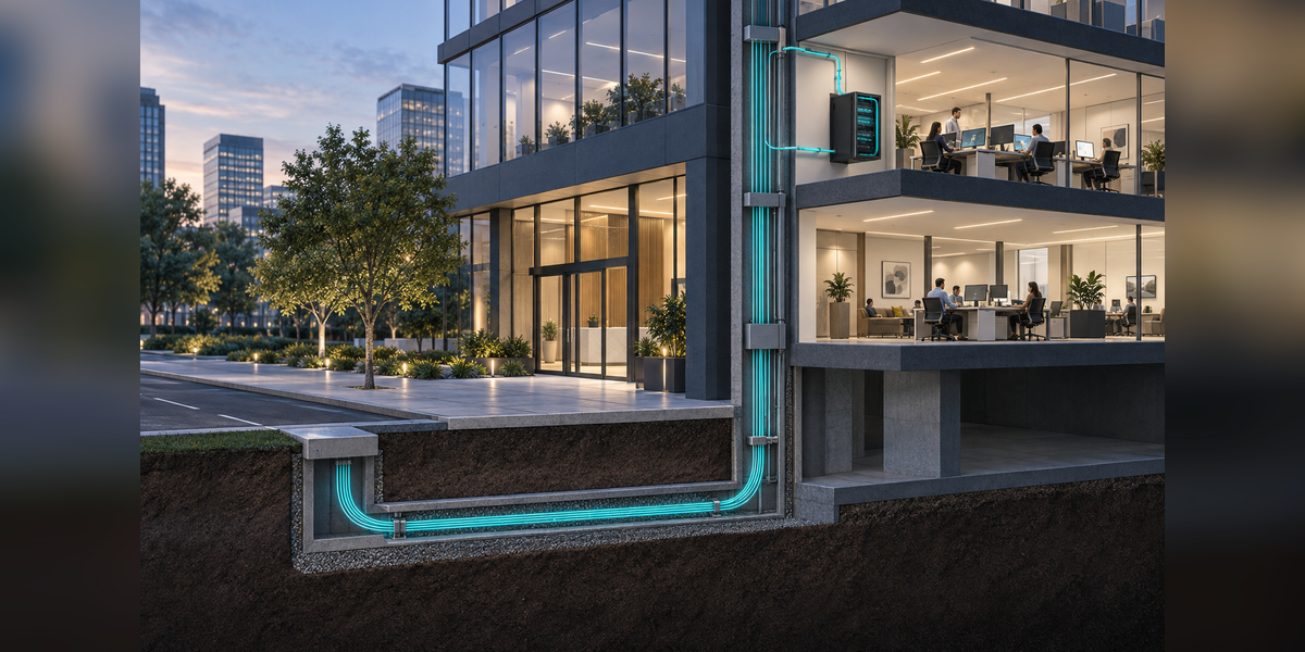 Conceptual cutaway of AI-ready office buildings showing street fiber, a building pathway and a tenant-suite connection