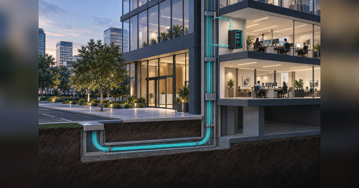 Conceptual cutaway of AI-ready office buildings showing street fiber, a building pathway and a tenant-suite connection