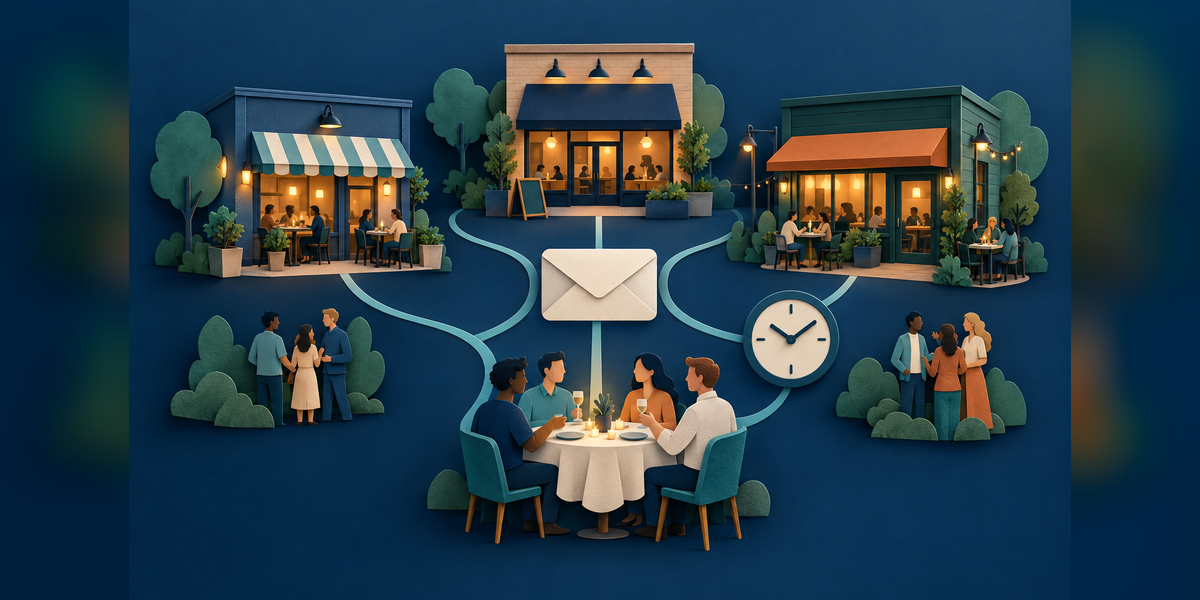 Three neighborhood restaurants connected to a dining table, an envelope, a clock and groups of guests.