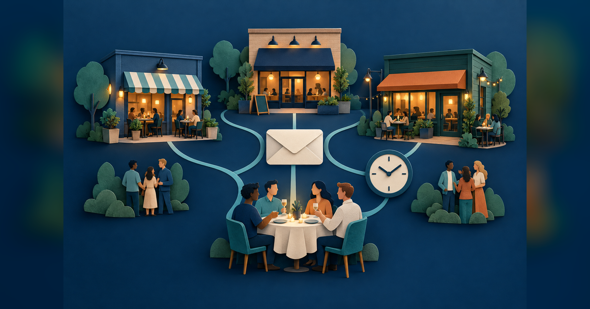 Three neighborhood restaurants connected to a dining table, an envelope, a clock and groups of guests.