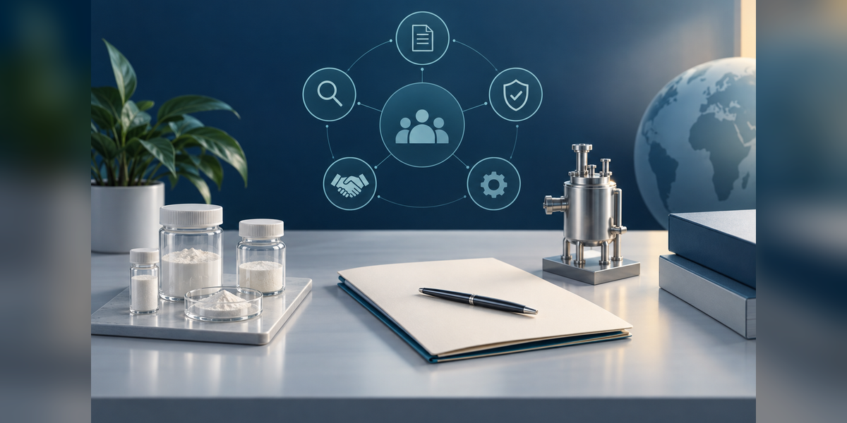Conceptual workspace for evaluating API manufacturers, with sample containers and documentation