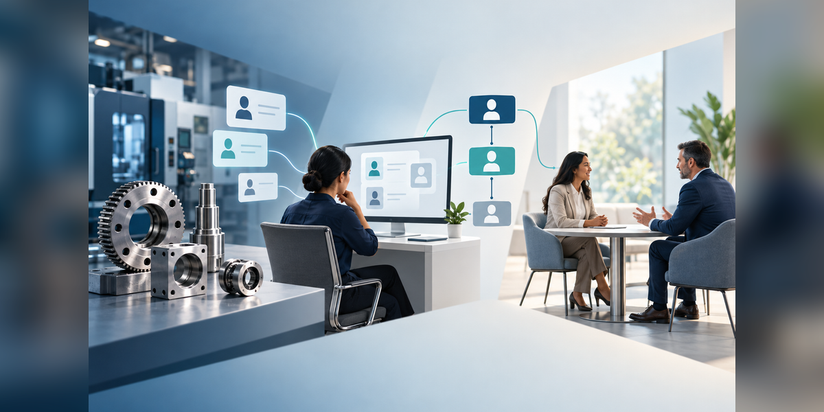 Conceptual manufacturing AI lead generation workflow from contact review to a sales meeting