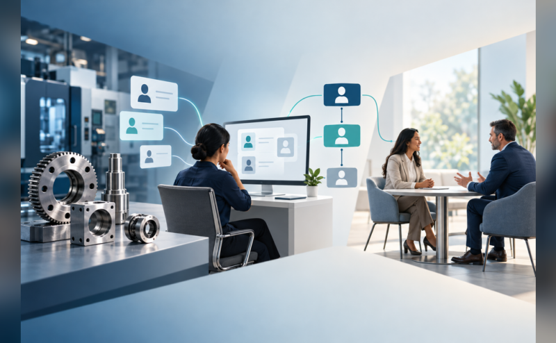 Conceptual manufacturing AI lead generation workflow from contact review to a sales meeting