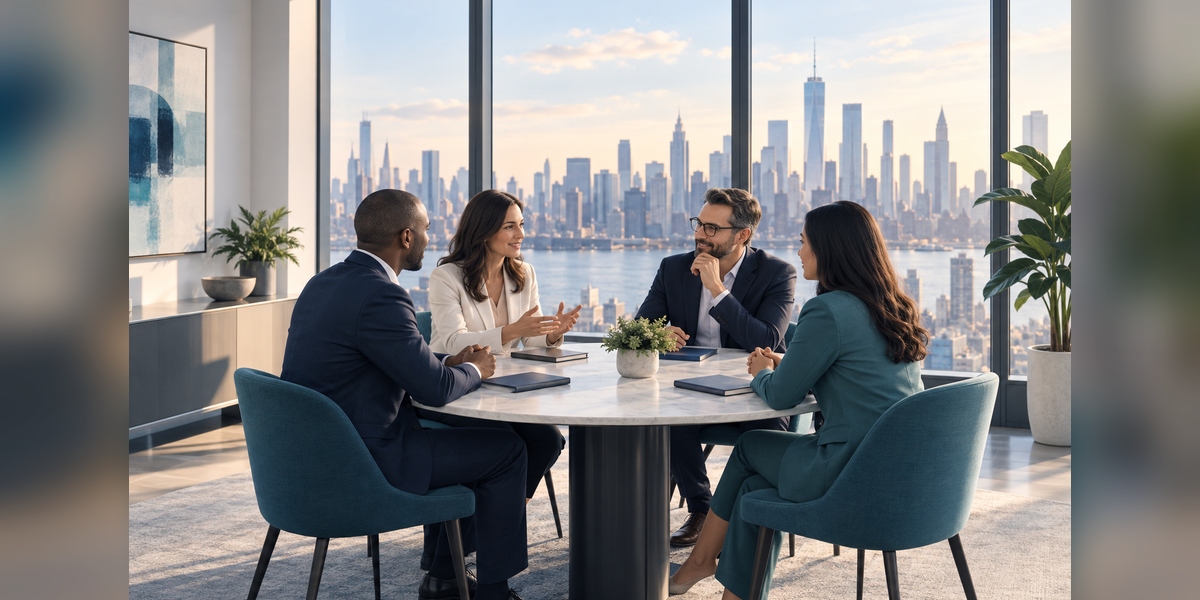 Conceptual business meeting overlooking New York City for DCAT Week 2027 planning